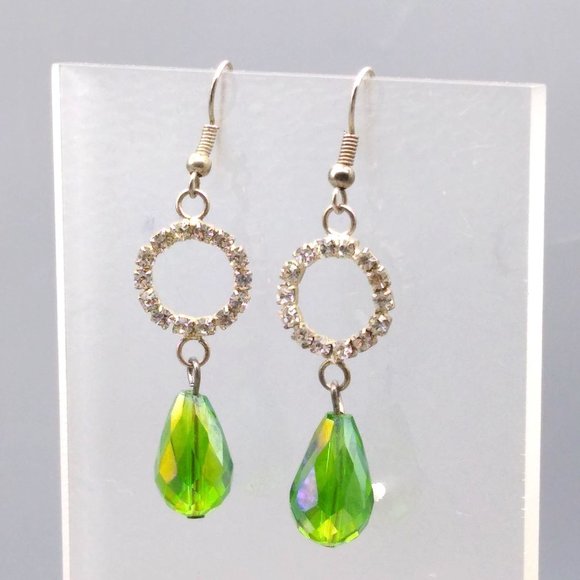 Green Teardrop Dangle Earrings, Vintage Clear Crystal Ring and Bright Faceted AB - Picture 3 of 4